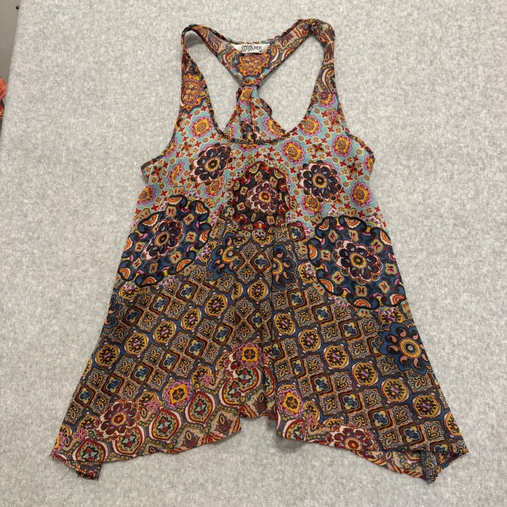 Y2K Tramp Womens Boho Paisley Racerback Tank Top Multi-Color Sharkbite Hem Small